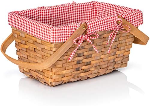 Голема Mo Играчки Пикник Кошница - Ткаени Природна Woodchip Плетен Кошница со Двојно Рачки и Црвен и Бел памучен ткаенина