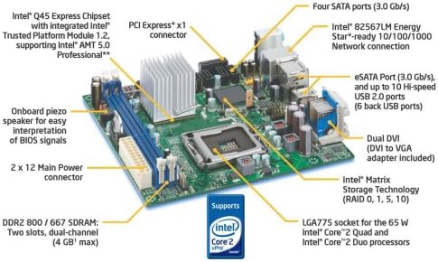 Intel DQ45EK Извршен Серија Q45 Мини-ITX DDR2 800 vPro Интел Графика 1333MHz FSB LGA775 Десктоп Одбор - Мало